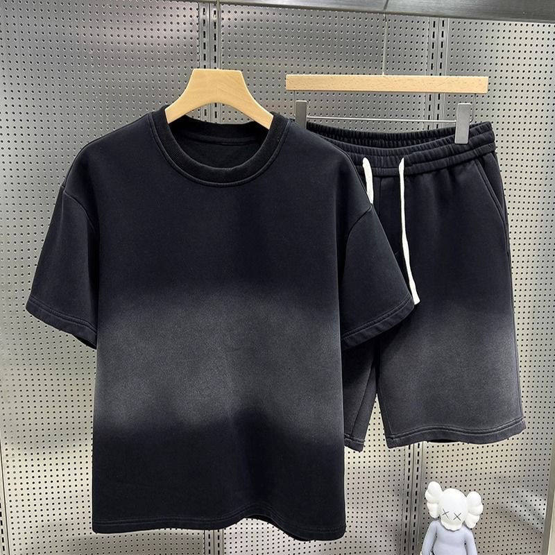冰丝夏季复古T恤纯棉套装男高质感休闲运动情侣装短袖短裤两件套