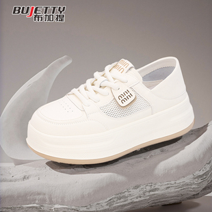 百搭圆头系带增高网面透气轻便鞋 新款 女2025夏季 布加提厚底小白鞋