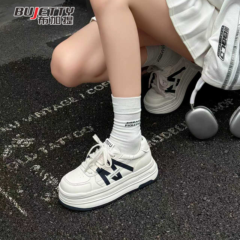 布加提女鞋2025年秋季新款韩版简约厚底小白鞋低帮系带运动鞋学生