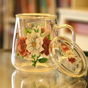 韩国高硼硅玻璃茶水杯 带盖花茶杯手把杯 高档S印花耐高温大容量
