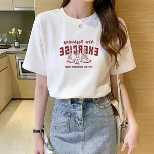休闲夏季新款韩版玫瑰花印花女士短袖t恤女宽松学生打底衫上衣