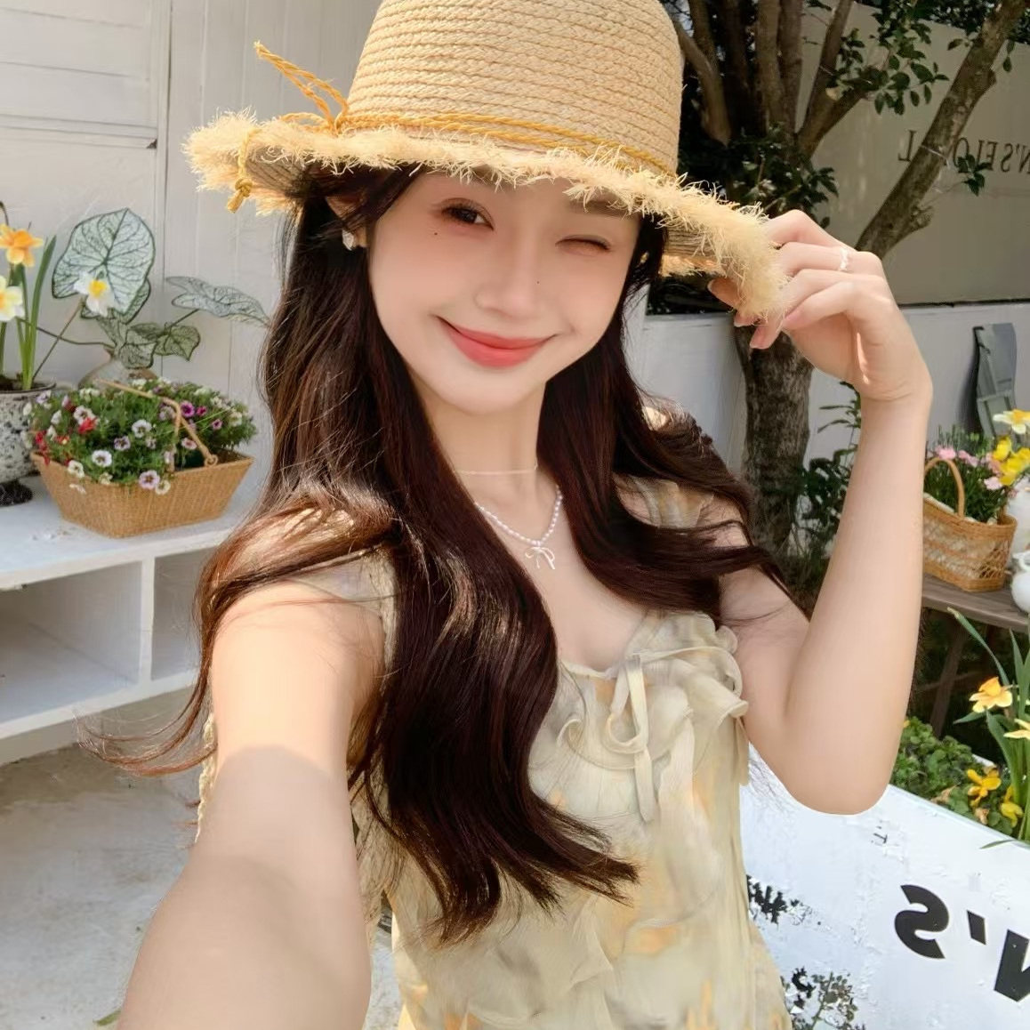 茵沫苓法式甜美可爱拉菲草草帽