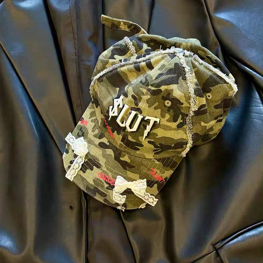 25ss美式街头复古迷彩鸭舌帽字母刺绣潮牌蕾丝蝴蝶结棒球帽遮阳帽