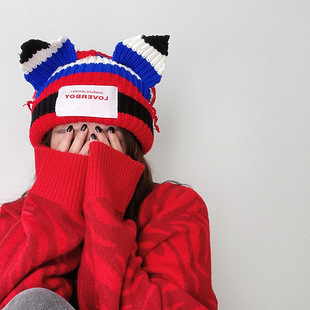 Loverboy帽子杨超越同款红蓝条纹猪猪帽猫耳朵毛线帽保暖针织冷帽