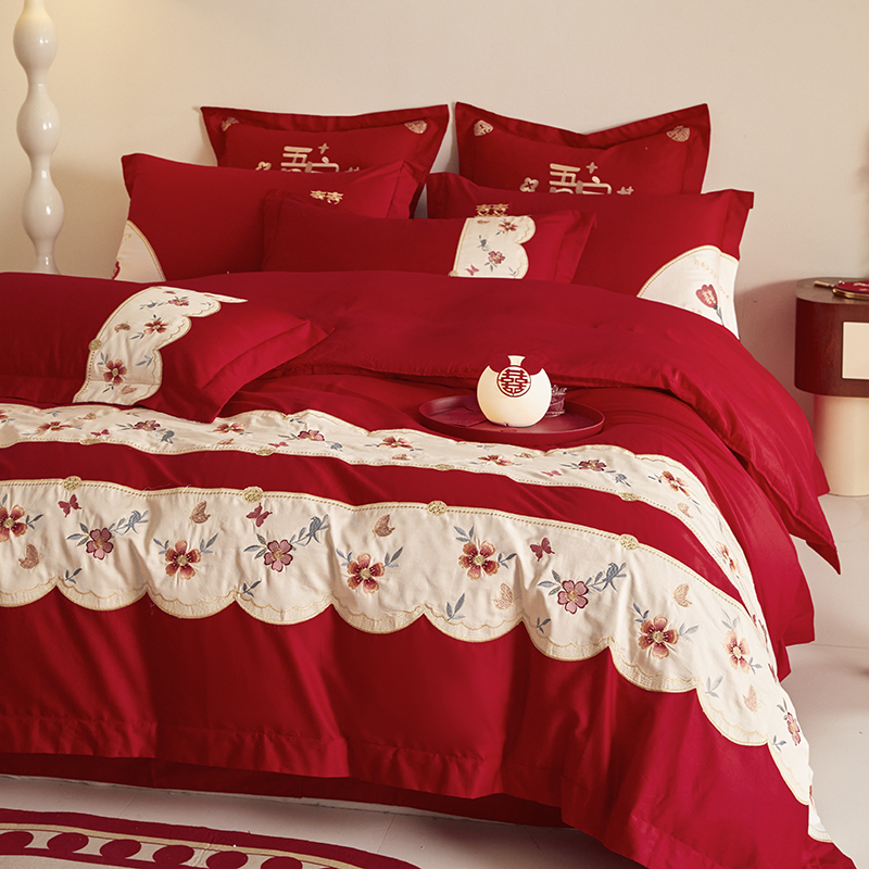 高端100支长绒棉婚庆四件套全棉纯棉结新婚礼大红色刺绣床上用品4