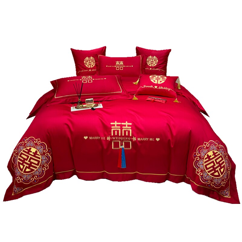 NEW WEDDING FOUR-PIECE SET BIG RED EMBROIDERY SIX-PIECE WEDDING ROOM WEDDING FESTIVE QUILT COVER DRAGON AND PHOENIX BEDDING