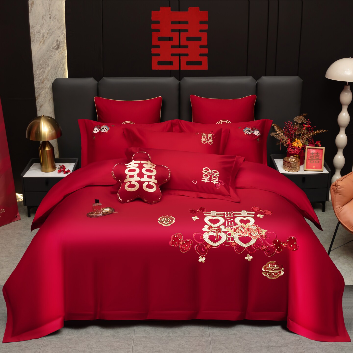 新婚庆四件套全棉纯棉大红色简约高端刺绣结婚礼婚房喜庆床上用品