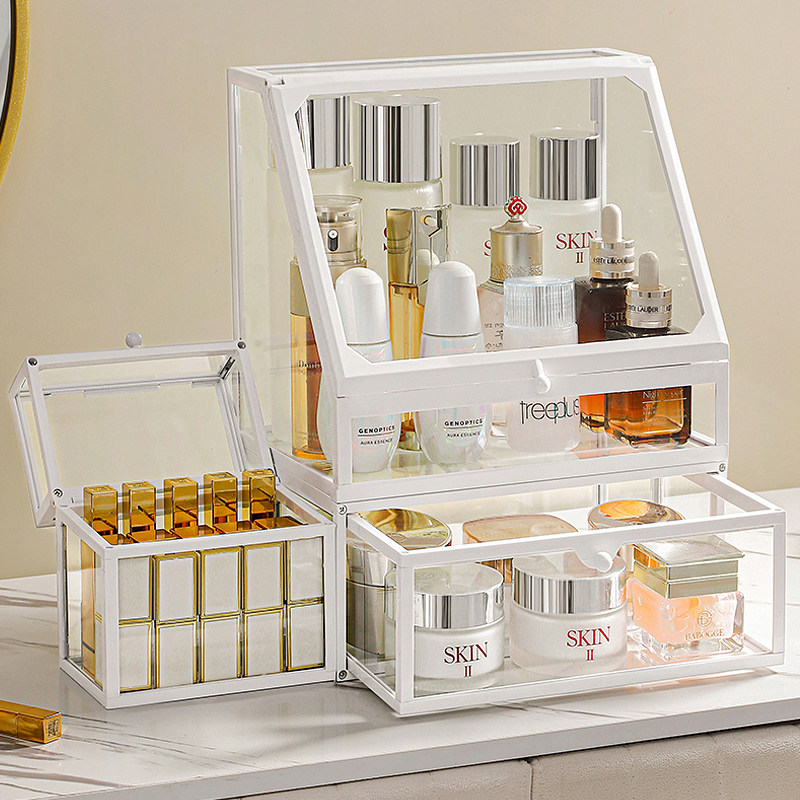 化妆品收纳盒桌面整理盒防尘大容量玻璃抽屉式梳妆台护肤品模版