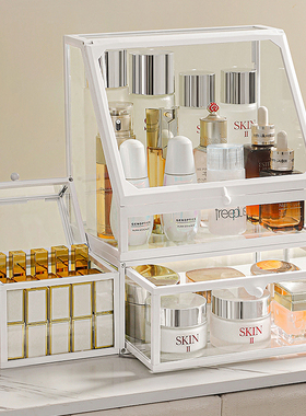 化妆品收纳盒桌面整理盒防尘大容量玻璃抽屉式梳妆台护肤品模版