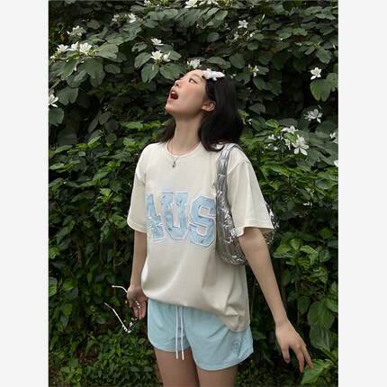 (4UYES)春夏贴布绣碎花国潮牌情侣男女宽松打底衫T恤短袖