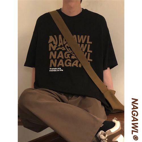 NAGAWL夏季新款美式复古字母印花短袖T恤男宽松oversize圆领上衣