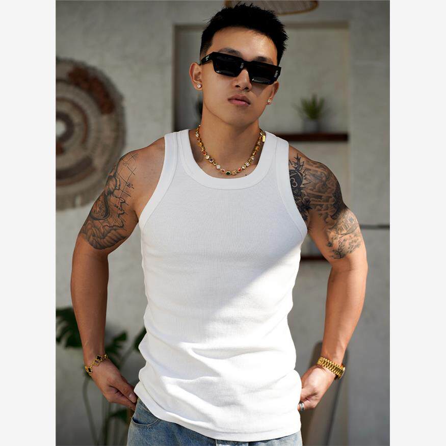 美式健身背心男街头350g纯棉螺纹紧身高弹运动打底坎肩潮