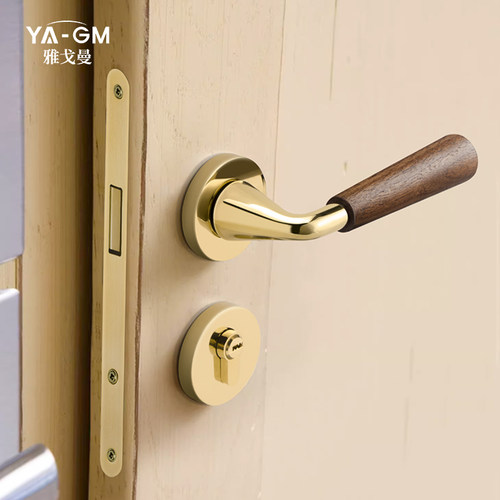 雅戈曼「木柄」覆古原木风卧室门锁室内家用锁具静音胡桃木门把手