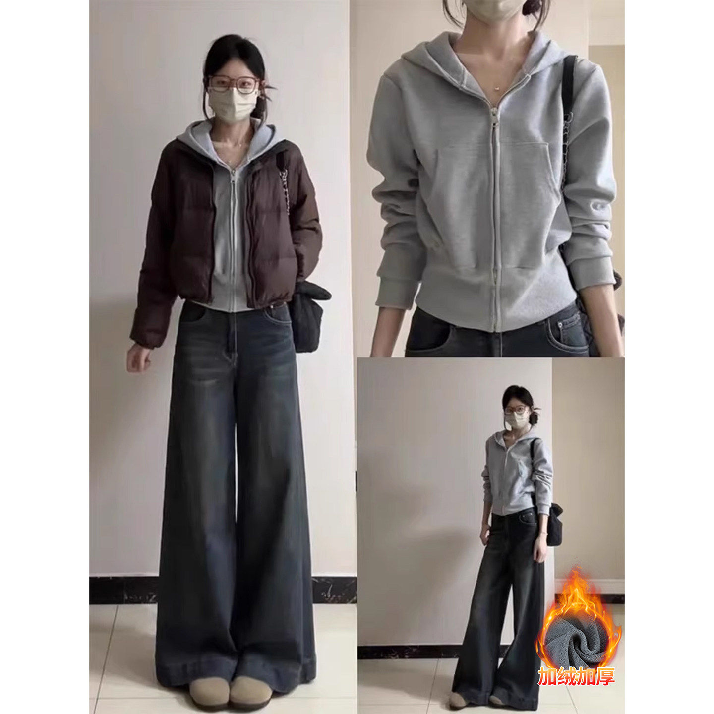 灰色加绒卫衣2026超火短款外套女秋冬修身收腰上衣韩系羽绒服内搭