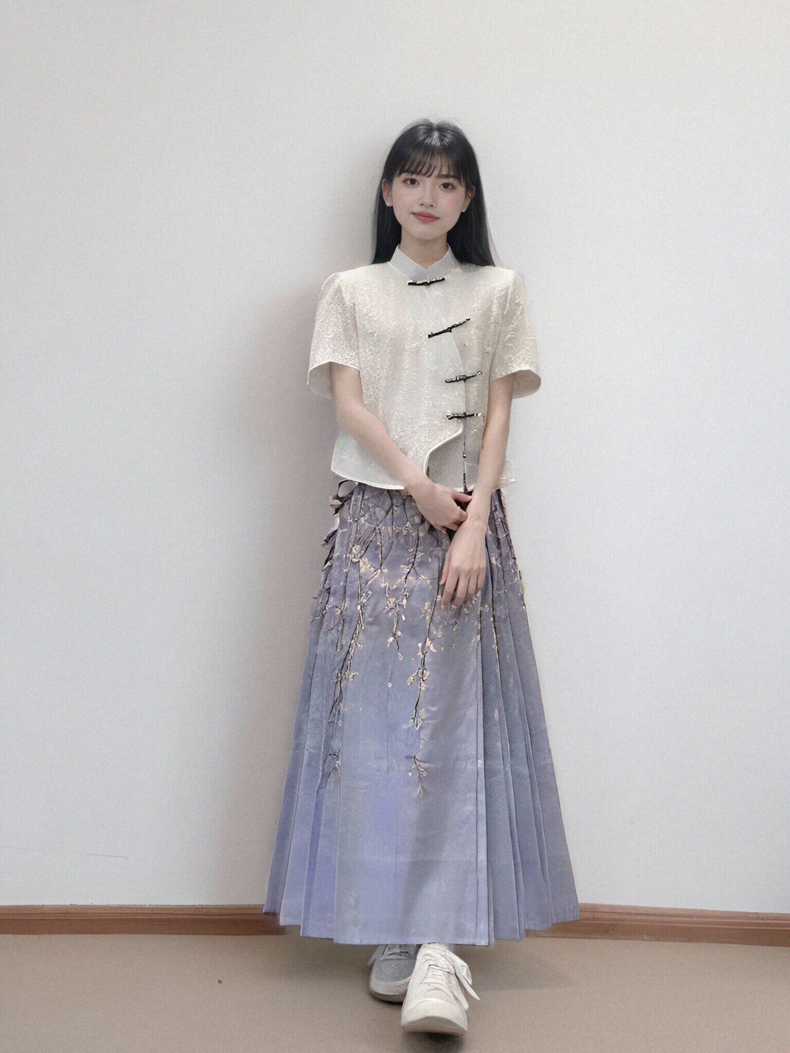 夏季2024改良明制汉服短款马面裙小个子汉元素中式印花系带高腰女