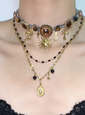 「阿波罗」黑金太阳多层项链锁骨链叠戴复古小众