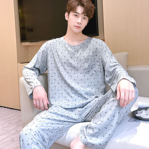 棉绸夏季薄款睡衣男长袖大码套装