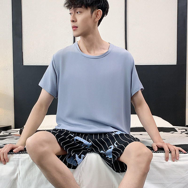 男士睡衣夏季棉绸薄款短袖睡衣男夏天青少年家居服休闲套装人造棉