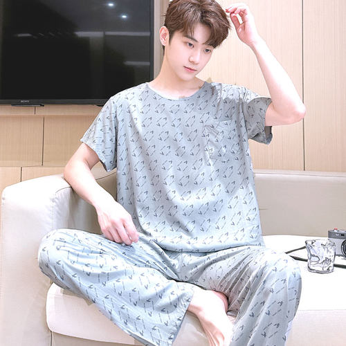 棉绸夏季薄款短袖长裤睡衣男套装