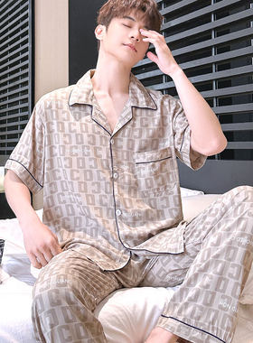 棉绸夏季薄款睡衣男短袖套装开衫