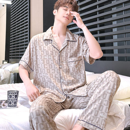 棉绸夏季薄款睡衣男短袖套装开衫