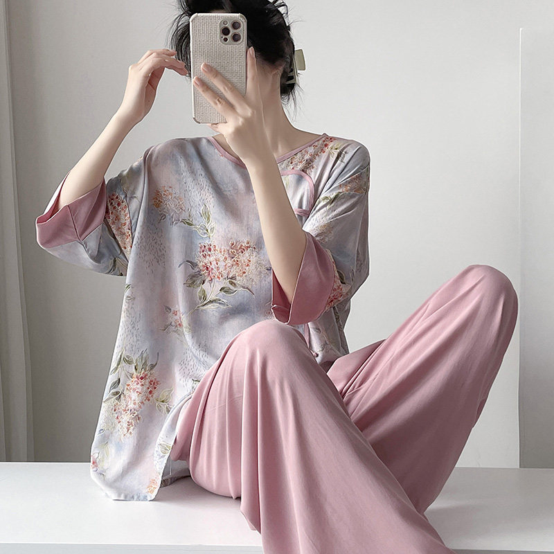 绵绸睡衣女夏季薄款国风套装新款图片