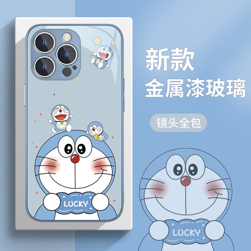 适用苹果情侣玻璃手机壳蓝胖子