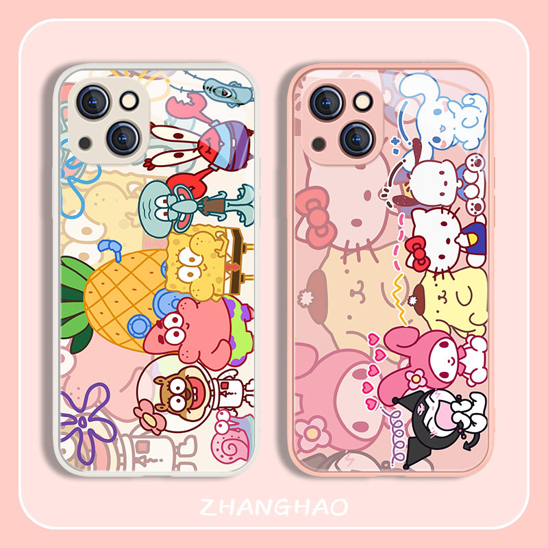 适用苹果14手机壳13promax三丽鸥12mini海绵宝宝11派大星xsmax女款xr新款8plus库洛米苹果16玻璃se套iphone15