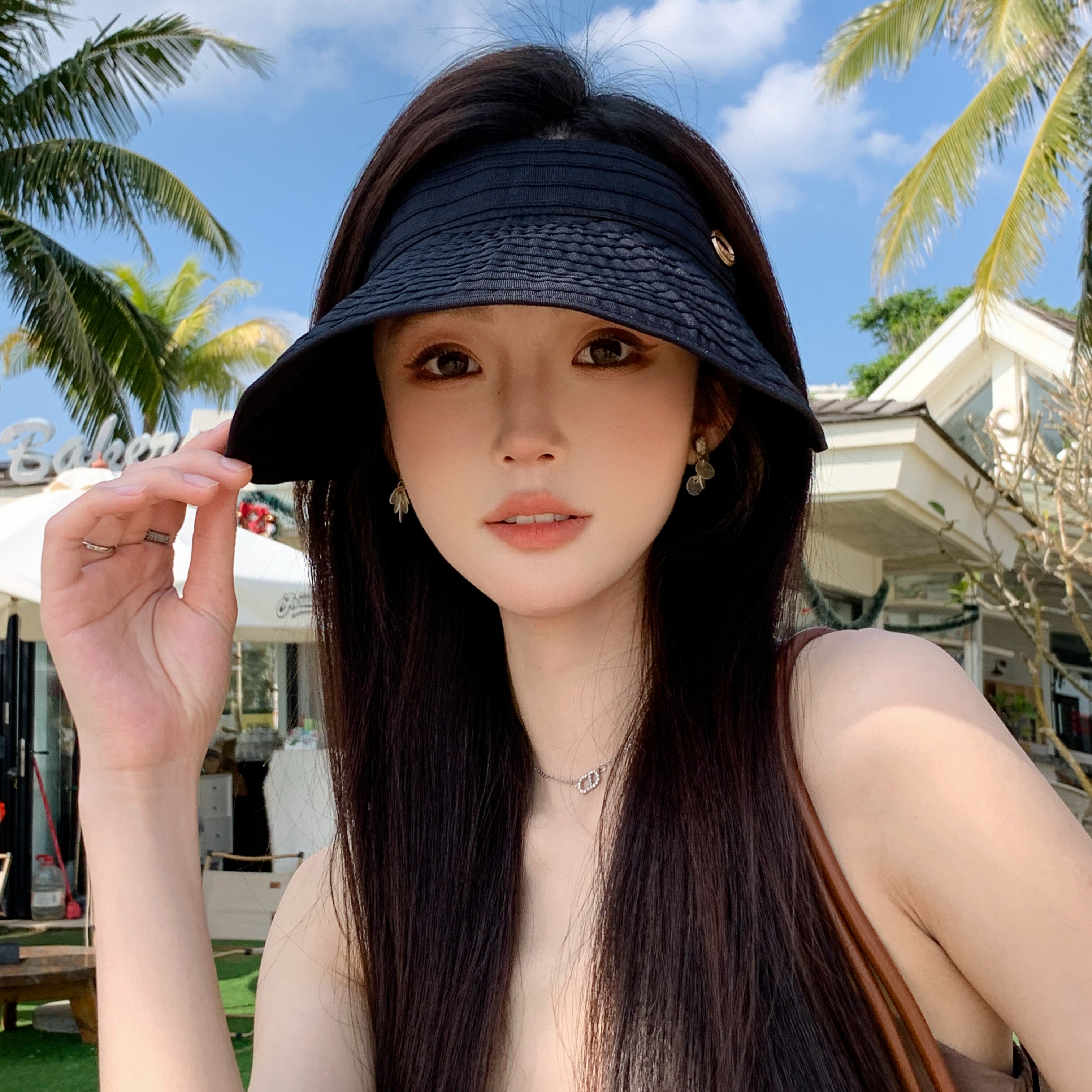 夏季条纹空顶防晒帽显脸小大头围