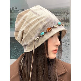 2025复古串珠流苏包头帽子女春秋季新款透气百搭显脸小民族风堆堆