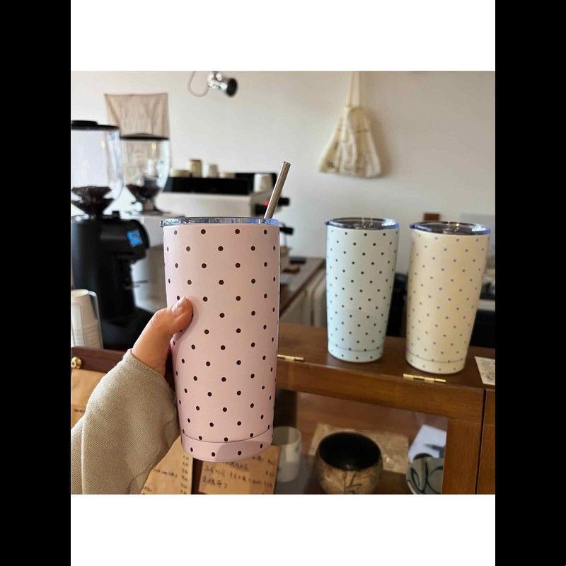 粉色波点保温杯随行便携大容量水杯女生高颜值双饮咖啡杯保冷杯子