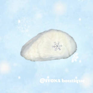 IVONA【软糯穿搭】显脸小!甜妹兔毛雪花水钻秋冬毛绒帽子贝雷帽