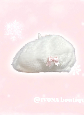 IVONA【冬日兔兔】显脸小！原创甜妹兔毛绑带蝴蝶结贝雷帽画家帽
