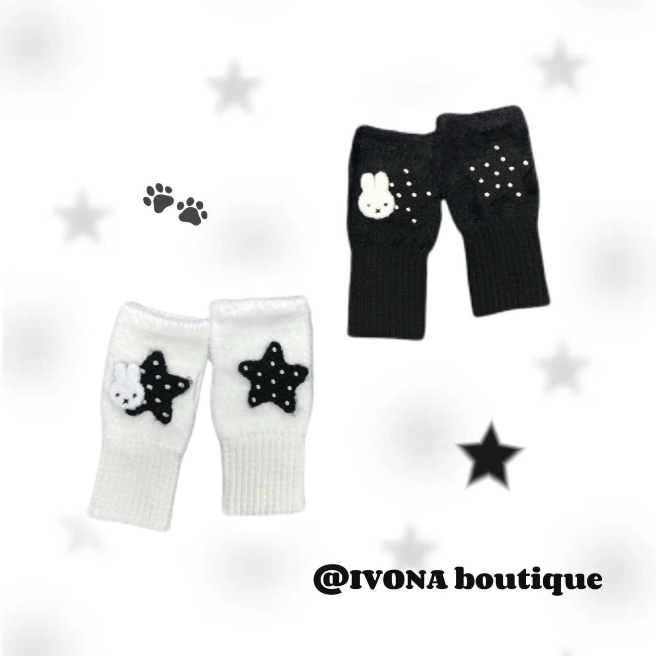 IVONA【星梦守护^】原创手作可爱少女心百搭星星兔兔毛半指手套