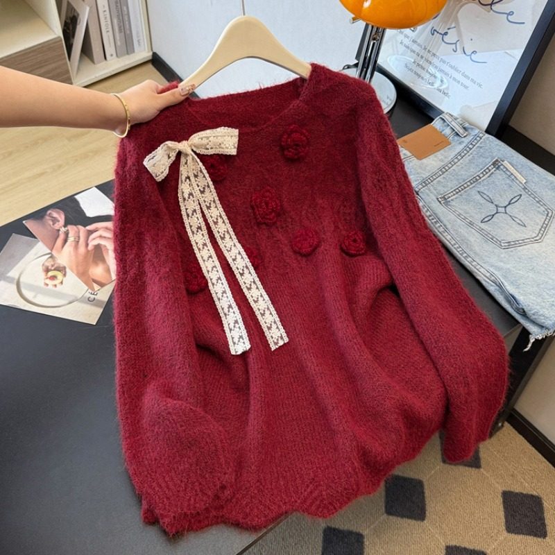 实拍大码温柔蕾丝蝴蝶结系带针织镂空立体花朵软糯洋气毛衣,女装/女士精品,大码内搭,淘宝优惠券,粉丝福利购,淘宝优惠卷