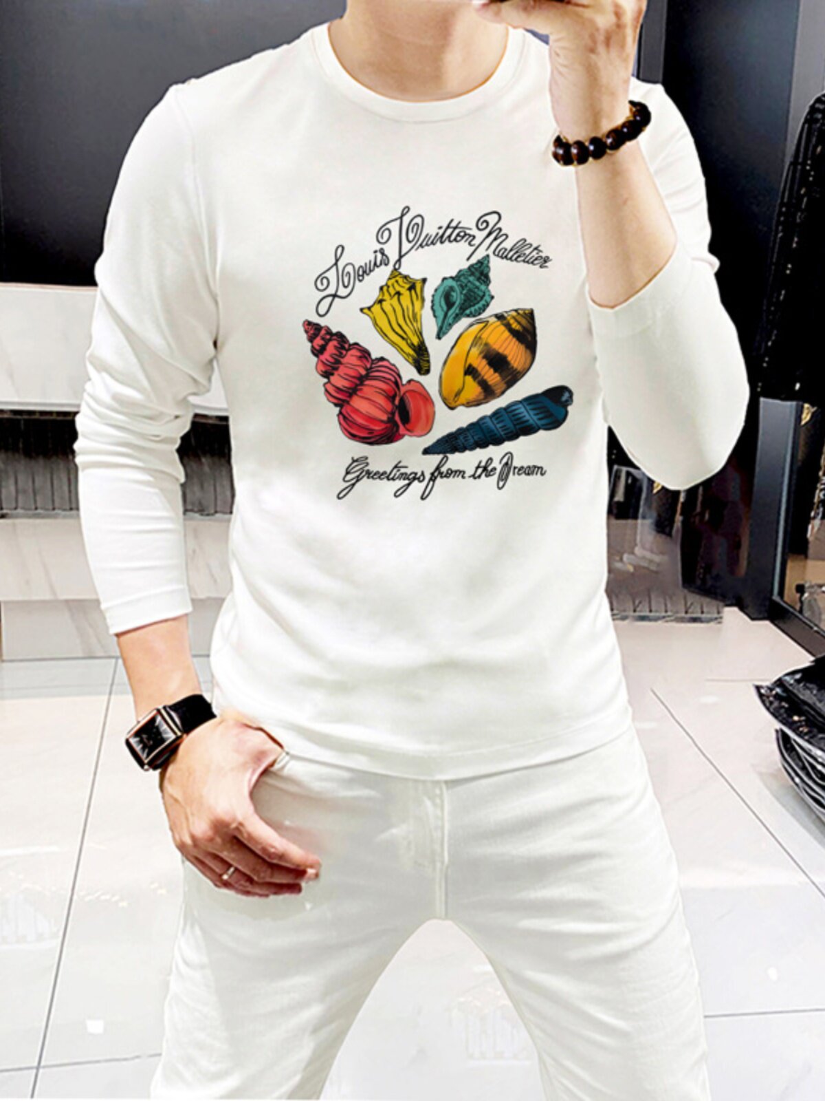 2025春秋季纯棉圆领长袖t恤男士潮牌印花打底衫青年修身百搭上衣