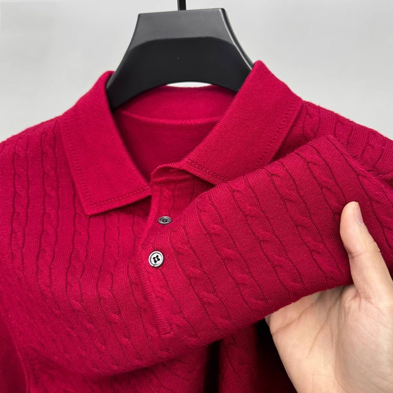 红色本命年针织毛衣男士翻领薄款春秋季休闲外套半开领套头打底衫