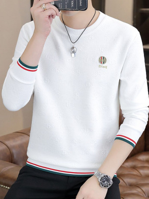 2025春秋高端男士卫衣潮牌时尚上衣纯棉白色长袖T恤圆领打底衫男