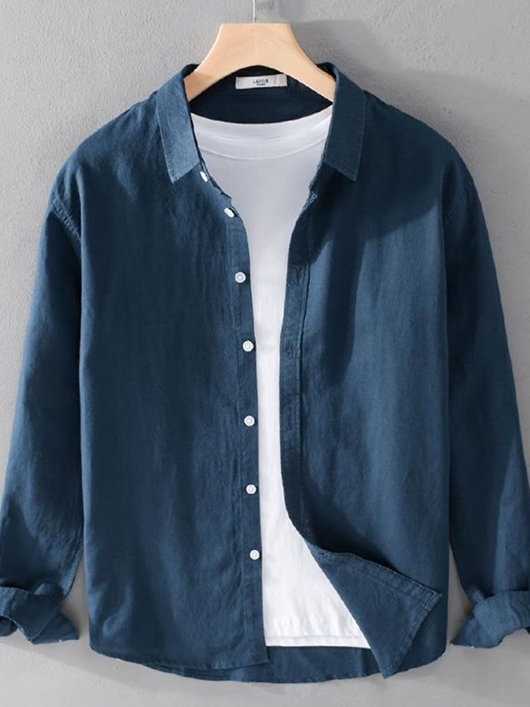 春秋新品亚麻衬衫男士休闲新款长袖衬衣外穿宽松覆古棉麻布料上衣