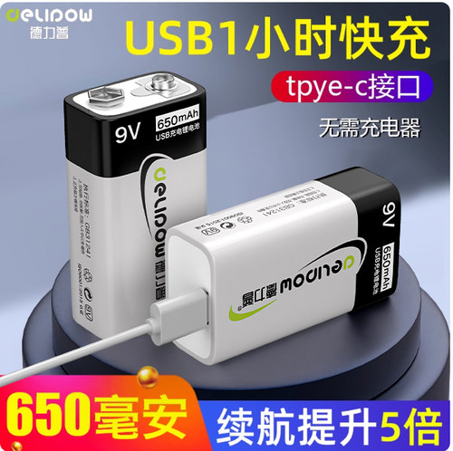 德力普9v锂电池可充电usb