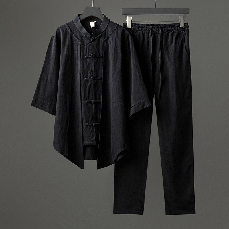 夏季薄款立领半袖衬衫布扣唐w装男中国风居士茶服套装棉麻道家禅
