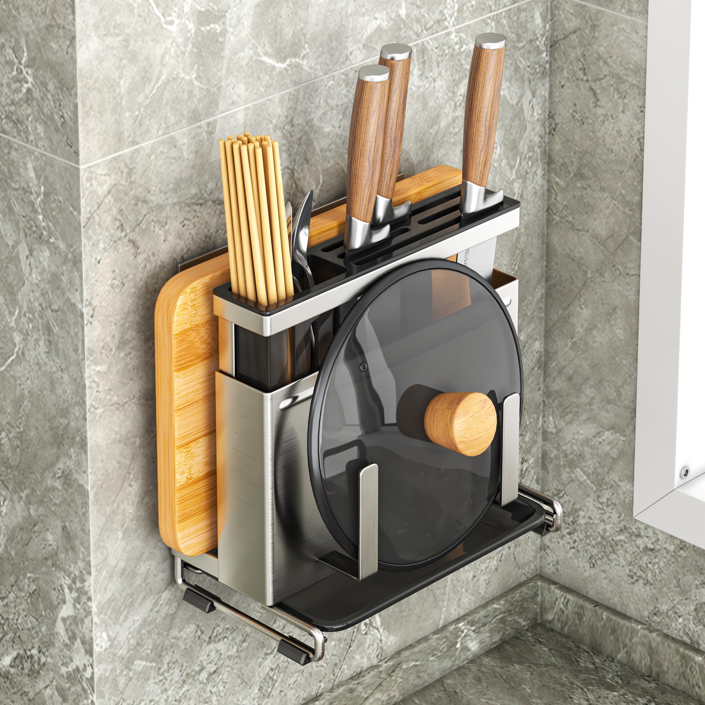 304不锈钢刀架壁挂式免打孔厨房筷子笼一体置物架刀具菜板收纳架