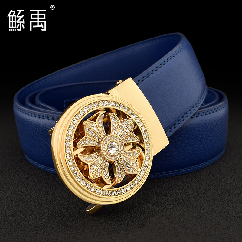 会旋转时来运转皮带男士真皮自动扣裤腰带蓝色韩版潮流休闲年轻人