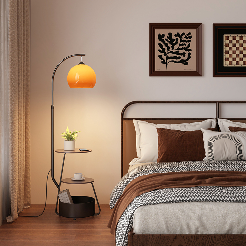 中古卧室床头柜落地灯客厅沙发边几小G型置物架一体复古台灯替代