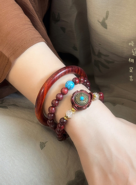 时来运转~新中式紫檀木双圈手串女复古情侣手镯文玩盘玩手饰男款
