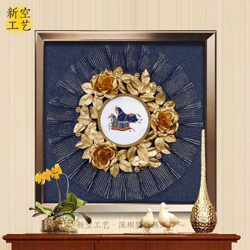 新空盘子实物画装饰画 酒店餐厅客厅玄关挂画壁画三联画 马到成功