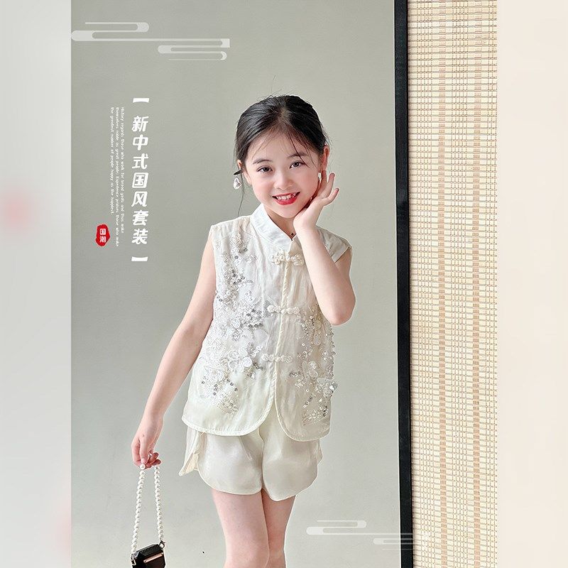 女童套装2025夏季新款中式国风无袖旗袍背心上衣白色短裤两件套