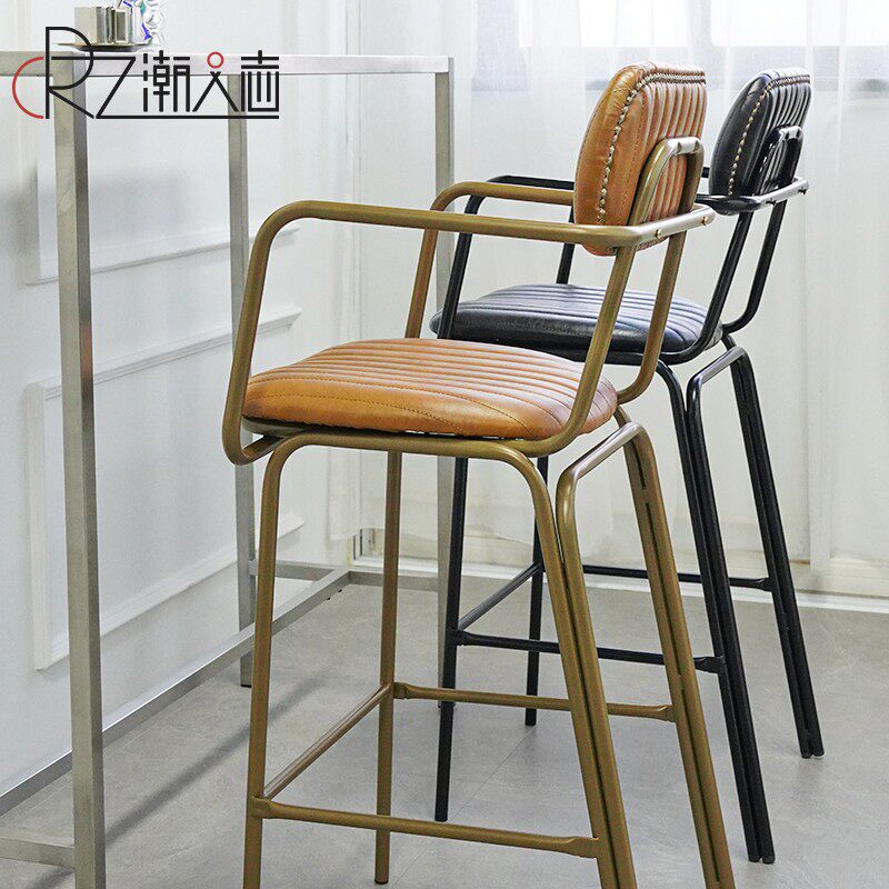 简约铁艺酒吧椅美式轻奢r吧台扶手椅复古吧台凳高脚凳家用靠背高