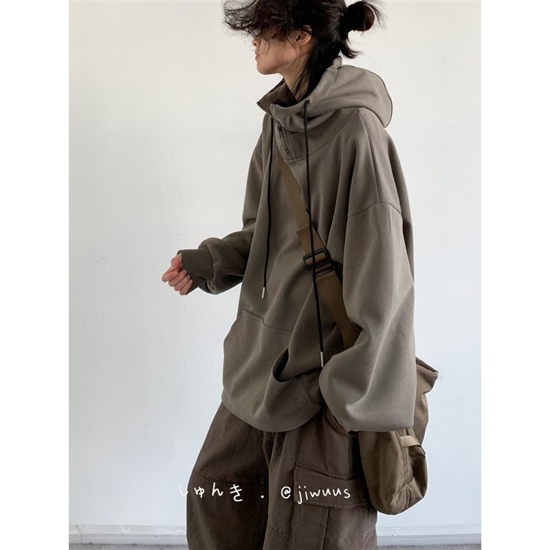 早秋日系复古纯色连帽卫衣男女生美式慵懒M风宽松套头情侣休闲外
