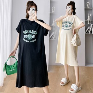 超大码孕妇连衣裙夏装中长款宽v松纯棉短袖t恤裙300开叉减龄200斤